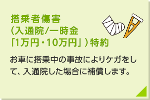 搭乗者傷害（入通院/一時金「1万円・10万円」）特約：お車に搭乗中の事故によりけがをして、入通院した場合に補償します。